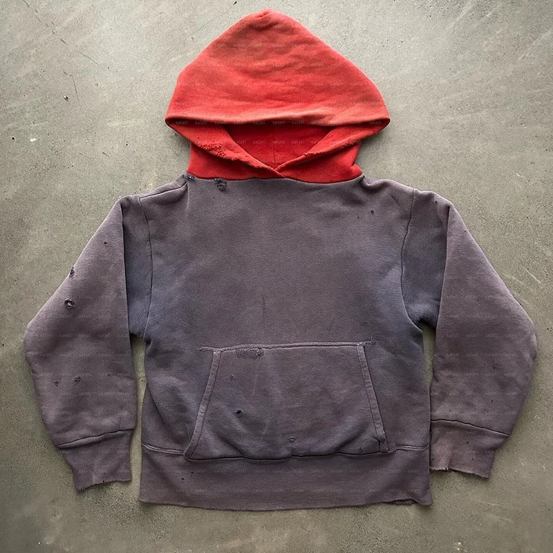 Manufacturers Cotton Patchwork  Acid Wash Pullover Cropped Sun Faded Two Tone Mineral Blank Distressed Vintage  Hoddies Men