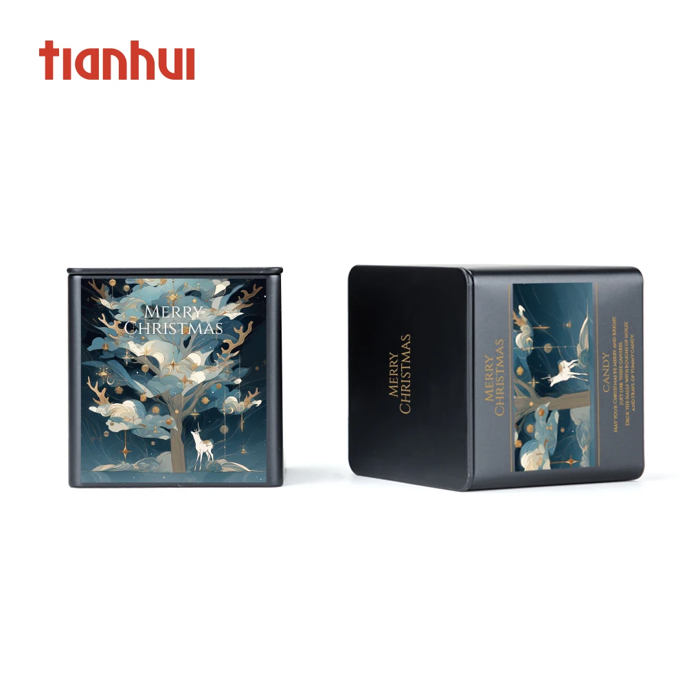 Tianhui Christmas Tin Boxes Square Metal Cans for Nuts & Kernels Storage