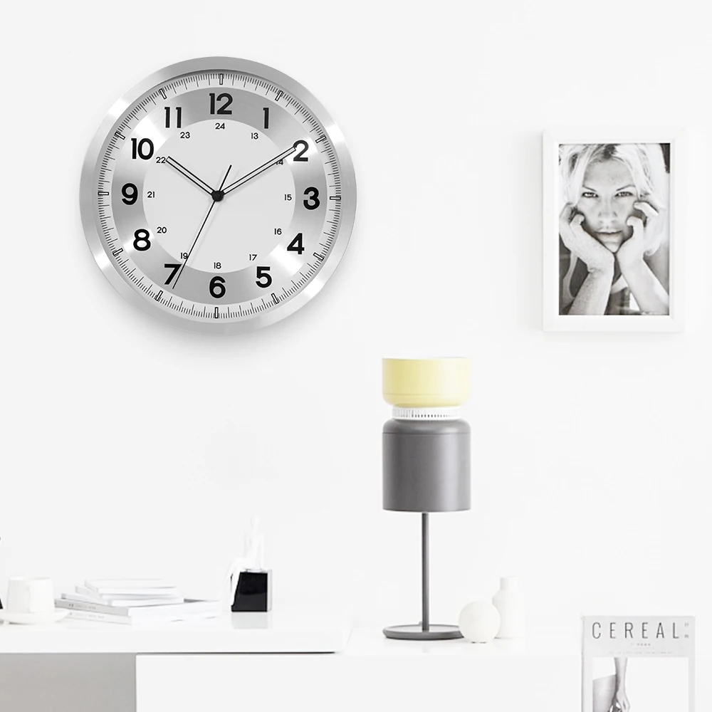 Factory price Aluminum case  non-ticking movement round metal wall clock