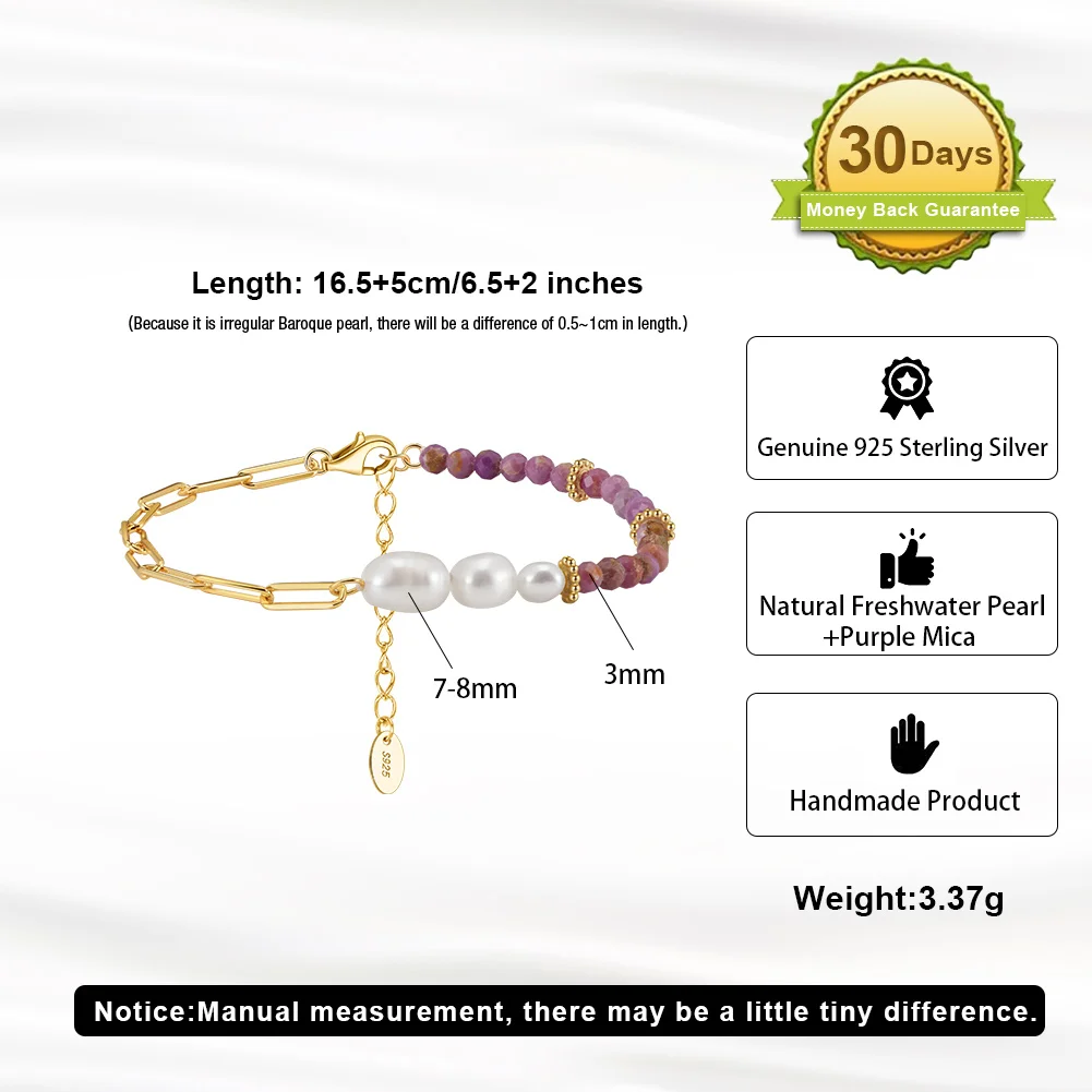 MPB05 Adjustable Bracelets Jewelry Supplier 925 Sterling Silver Paperclip Chain Natural Freshwater Pearl Purple Mica Bracelet