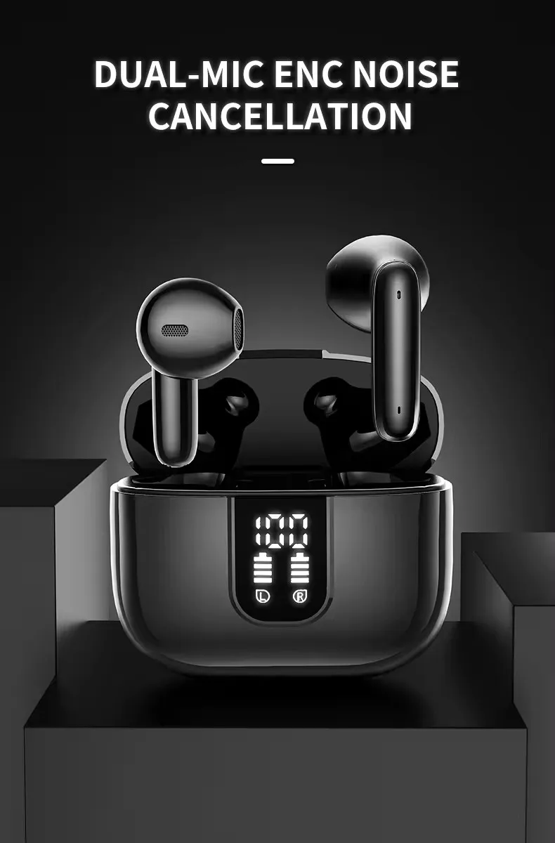 Double Label ENC Noise-Cancelling TWS Earbuds LED Wireless BT Calling Waterproof Gaming In-Ear Headphones with Digital Functions