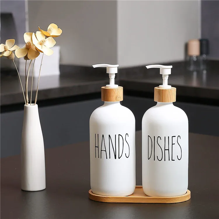 16oz 250ml 500ml lotion soap dispenser white black Glass Boston Bottle With bamboo cover Pump