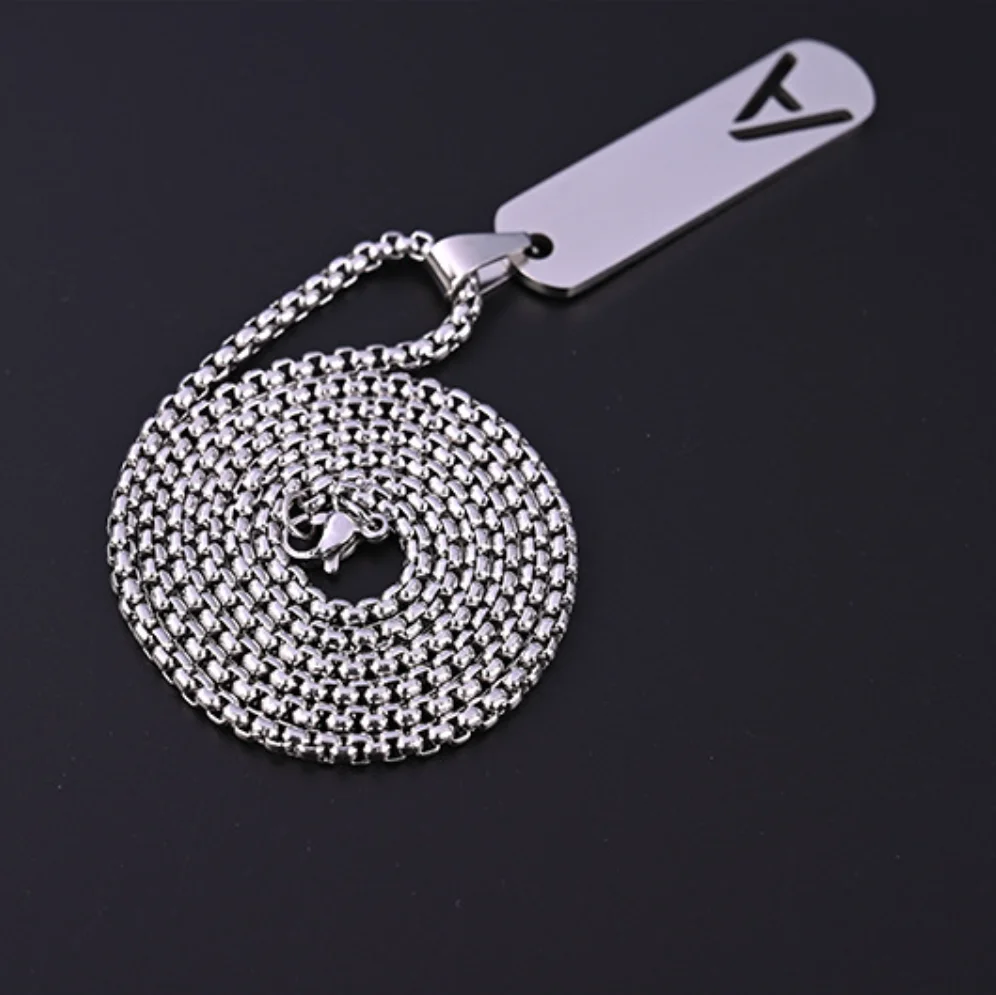 Personalized stainless steel long chain high polish laser cut hollow A-Z initial letters dog tag necklaces for men