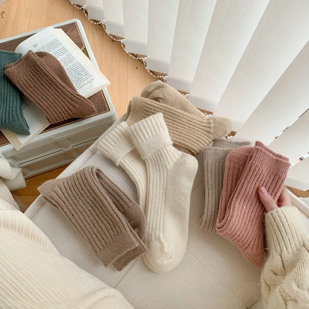 100% Pure Cashmere Blend Wool Dress Socks Winter Warmest Ribbed Bed Sleeping Lounge Socks Anti-Slip Crew Women Adults