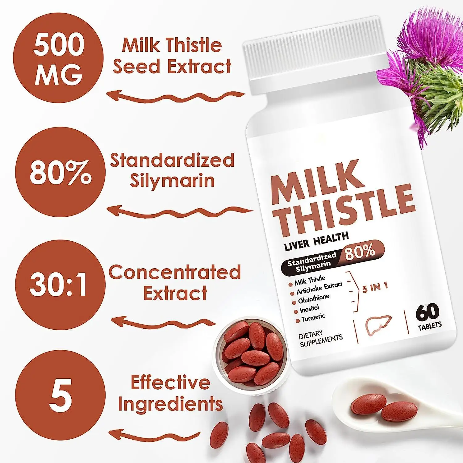 OEM Milk Thistle Capsules for Liver Support Herbal Supplement 500 mg per Serving 60 counts