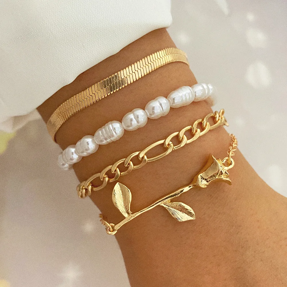 High Quality Gold Plated Fashion Bracelet Jewelry Cuban Snake Bead Chain Bracelet Bangle Bracelet set
