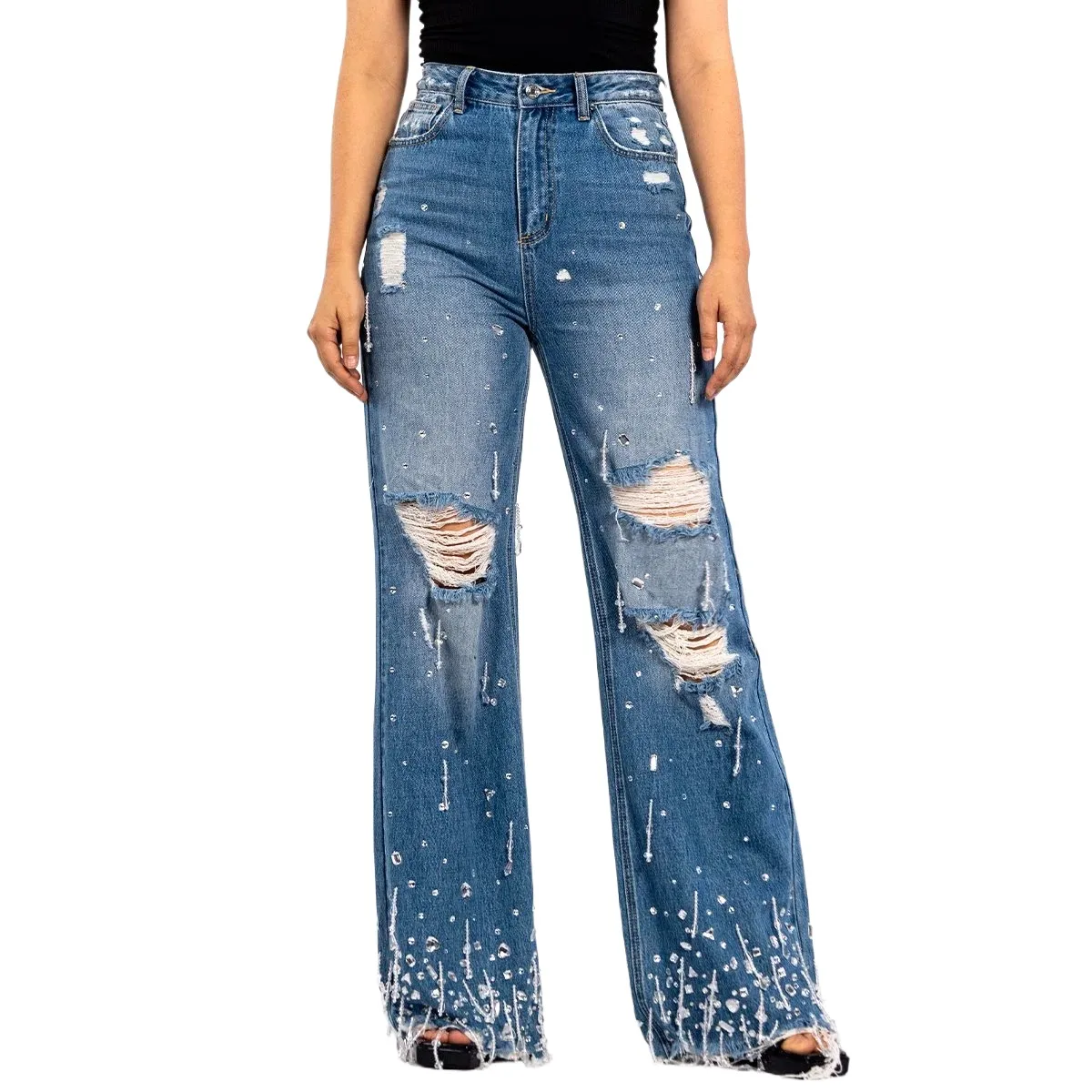 Women Boyfriend Denim Jeans for Ladies Loose Pants Heavy Duty Rhinestone Ripped Design Luxury Fringe Straight High Quality Blue