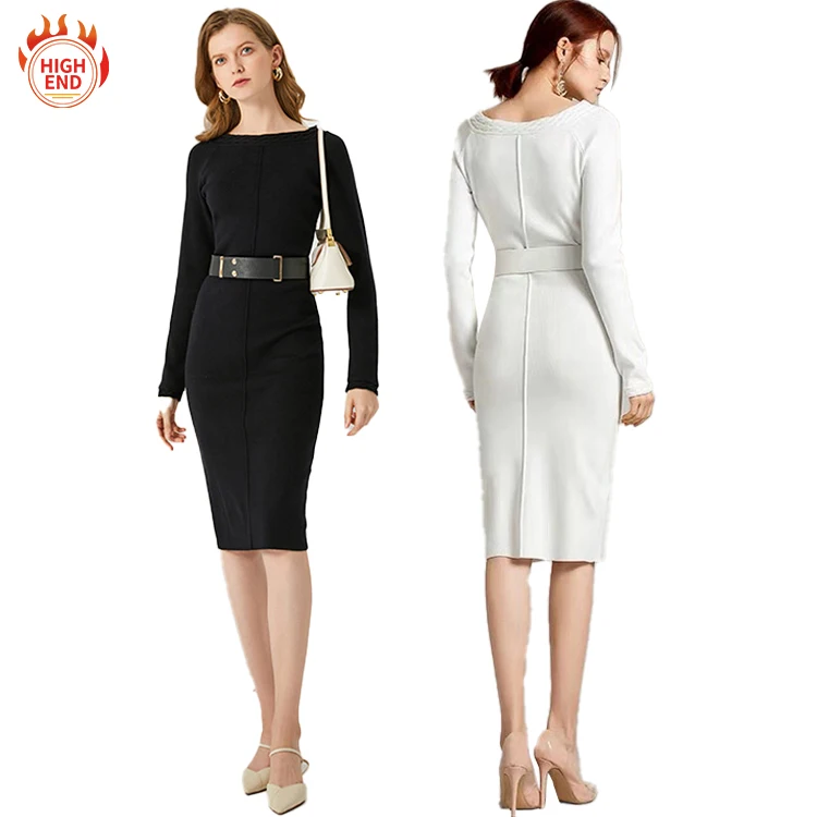 Autumn Turtle Neck Black White Knit Midi Dress Long Sleeves Work Office Lady Women Career Dresses