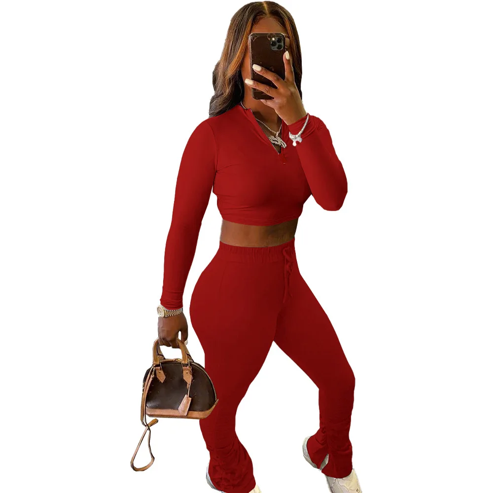 
2021 Custom logo sexy 2 two piece pants set outfit women clothing stacked sweatpants joggers leggings for women 