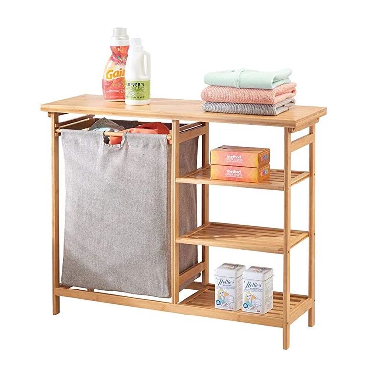 Multifunction Bamboo Laundry Basket Shelf Hamper With Corner Storage Holder Shelves