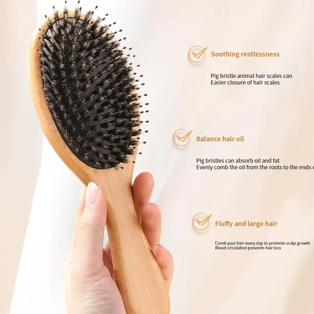 Factory  Eco-friendly Bamboo Hair Brush Hair Comb Custom Logo Wood Paddle Detangling Boar Bristle Nylon Hair Comb Brush