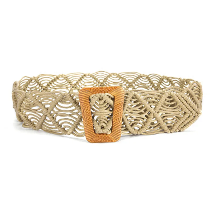 Bohemian waxed rope hollow woven belt ethnic wind pure hand-woven decorative skirt square buckle ladies belt