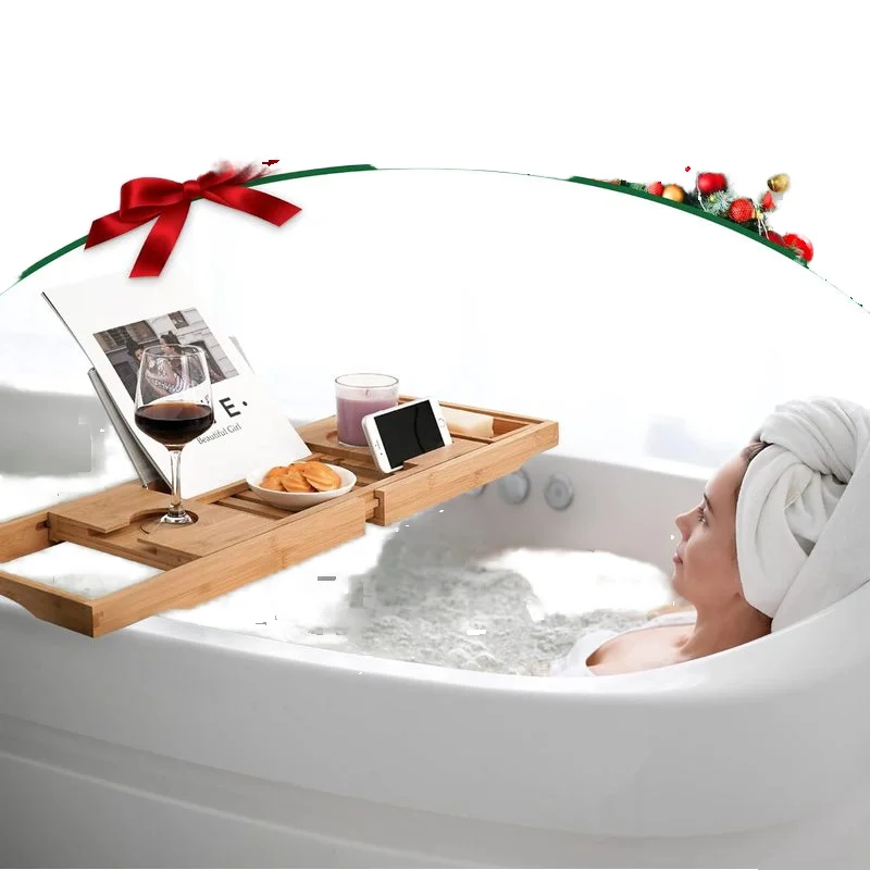 Adjustable Two-Piece Bamboo Bath Organizer Tray Bathroom Bathtub Table Caddy with Book Tablet Wine Glass Cup & Towel Holder