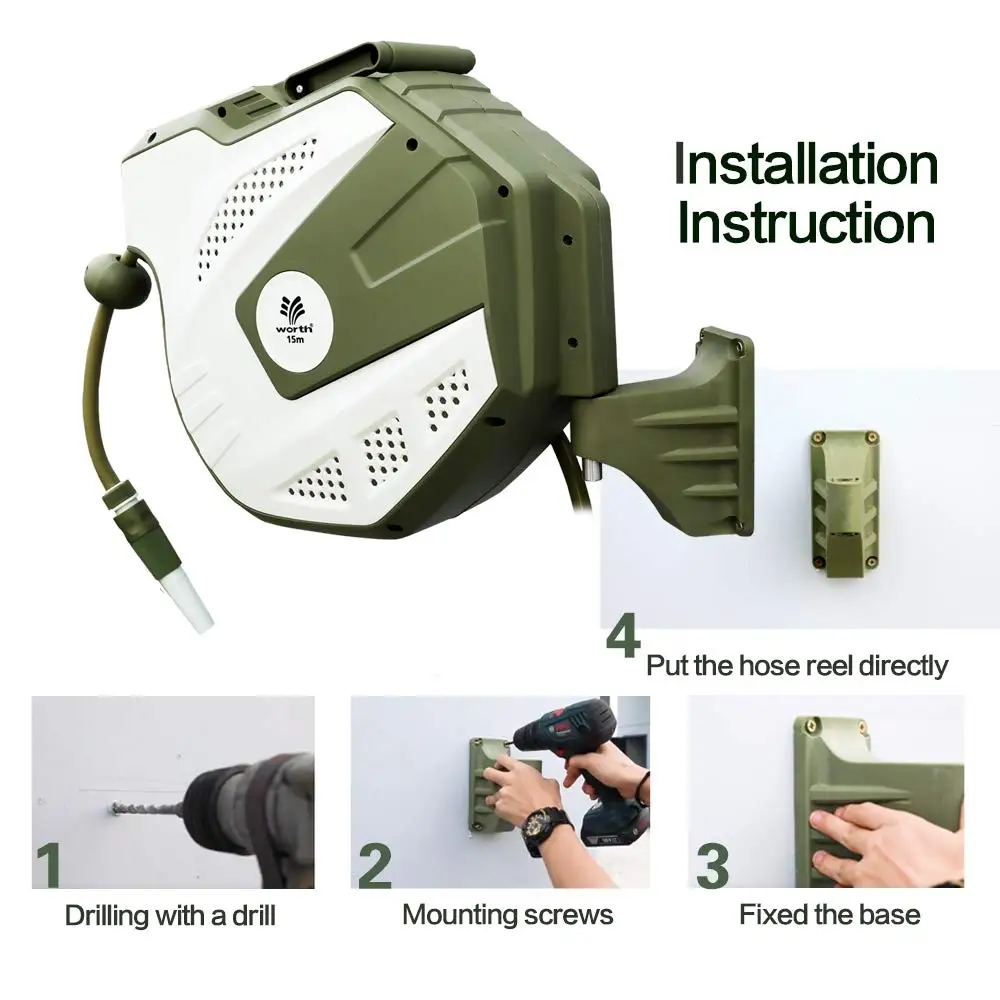 
15M 1/2 inch Automatic Garden Wall Mounted Set Water Hose Reel 