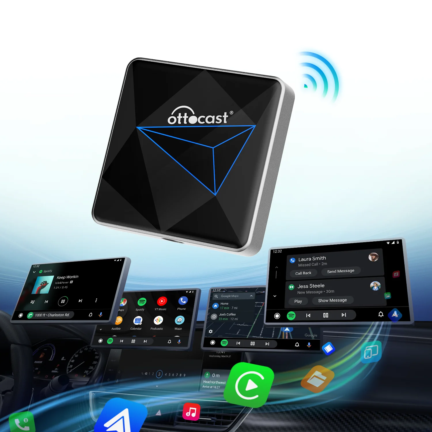 Ottocast Portable Wireless Carplay Android Auto Car mini Box for Android phone Wired OEM to Wireless