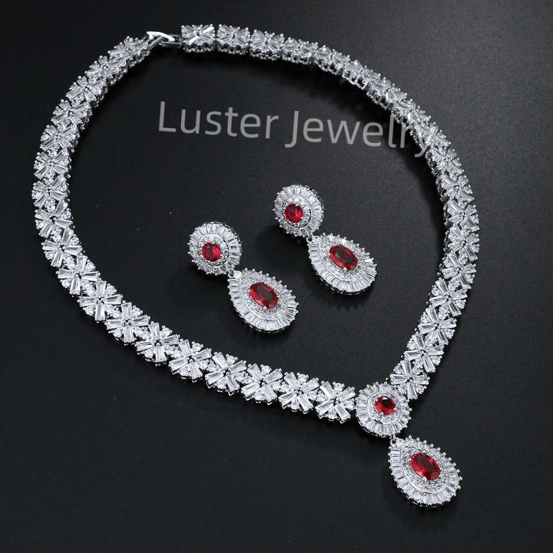 Luster pear pendant earring 100% sterling silver 925 red necklace jewelry set for woman with zircon