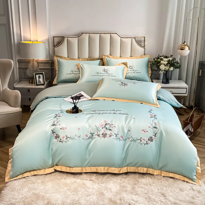Wholesale Custom Brand Luxury 60S cotton Satin Embroidery Embroidered Plant Printed Bed Cover Bedding Set Sets