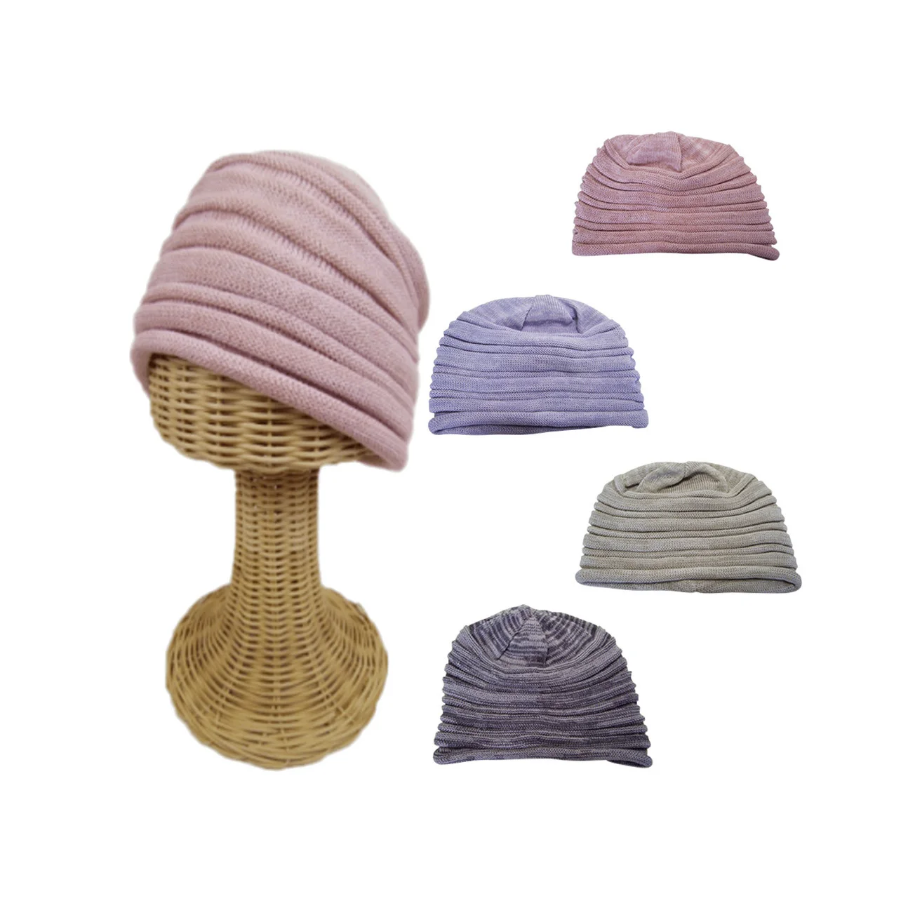 Purple Beige light women long hair turban cap hat for winter