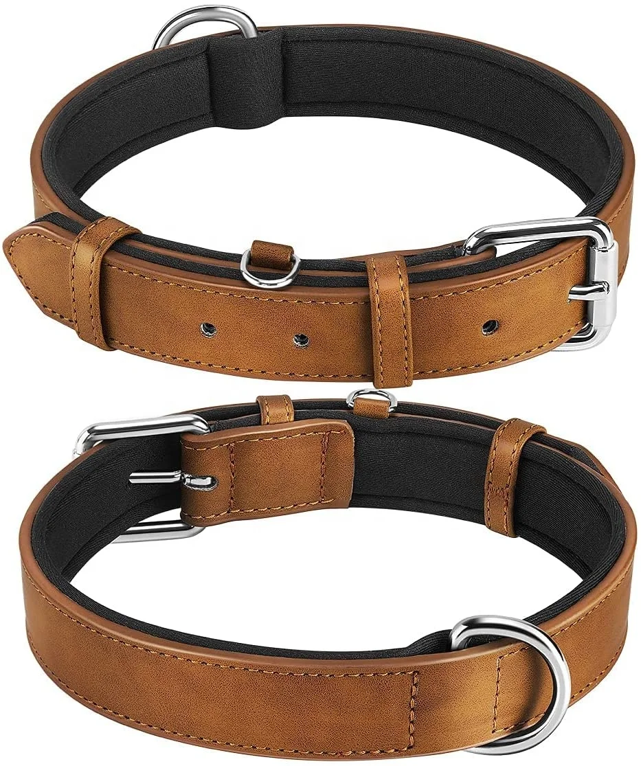 Boshiho Custom Adjustable Luxury Fancy Pet Personalized Pet Dog Collars Outdoor Leather Dog Collar with Name Tag D ring