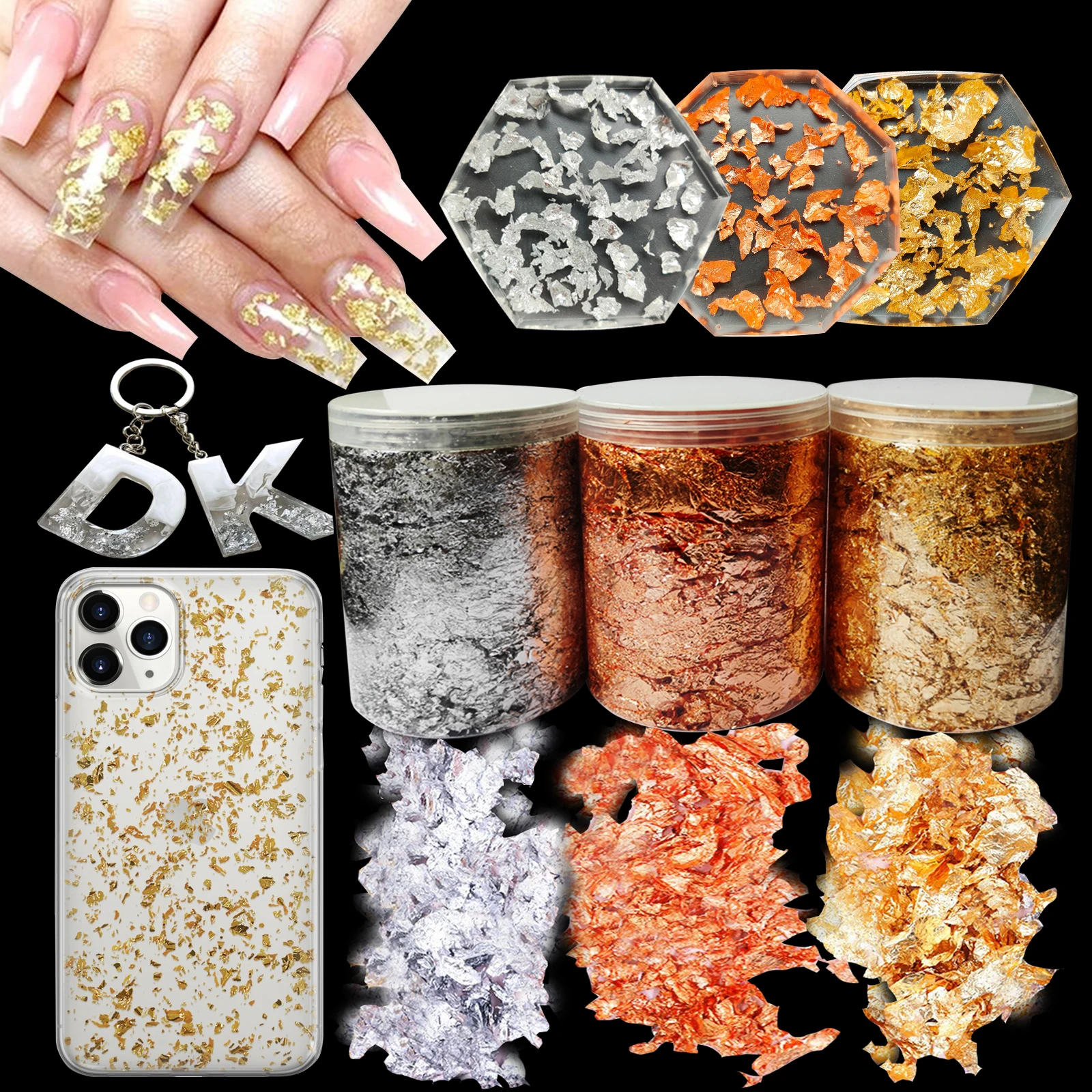 10 г/цвет * 3 банки листовой лист с золотыми листьями набор хлопьев серебром/золотом/розовым золотом для ногтей/поделок/смолы/DIY/золочения всего 30 г хлопья фольги