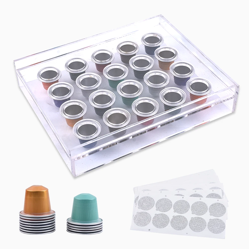 20 Holes Coffee Capsule Hand Filling Board Acrylic Filling Board with 20 Coffee Capsules with Self-adhesive Lids