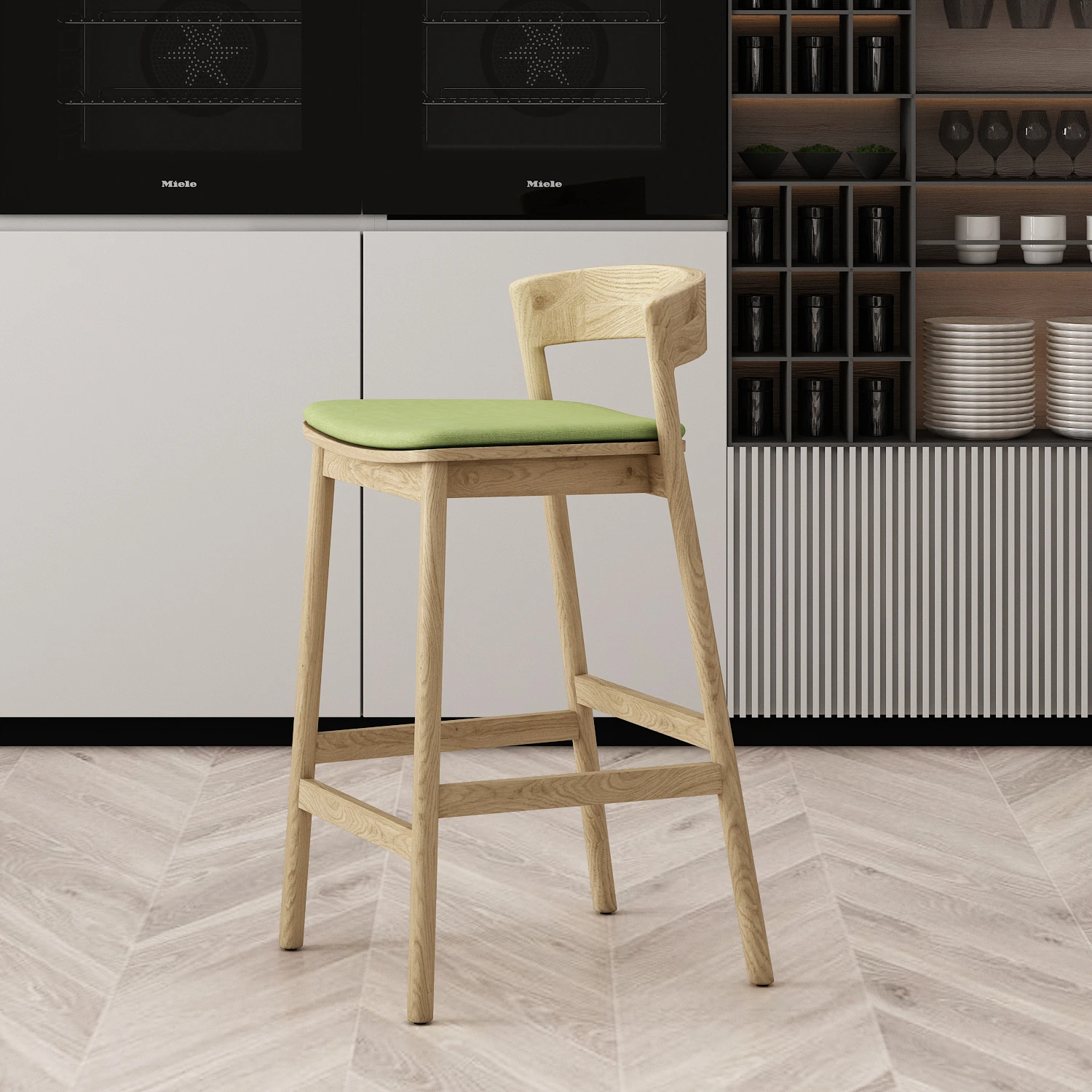 Arcuate arched High back Bar chair wine stool carved soft cushion seat Round metal tube foot Pedal ring metal tube stable safe