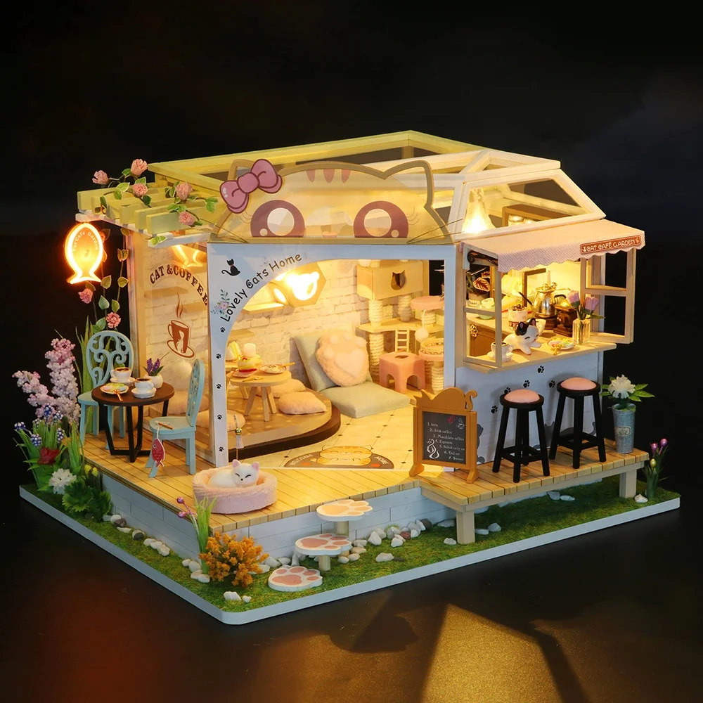 DIY Miniature Doll House Flower Cat Coffee Garden