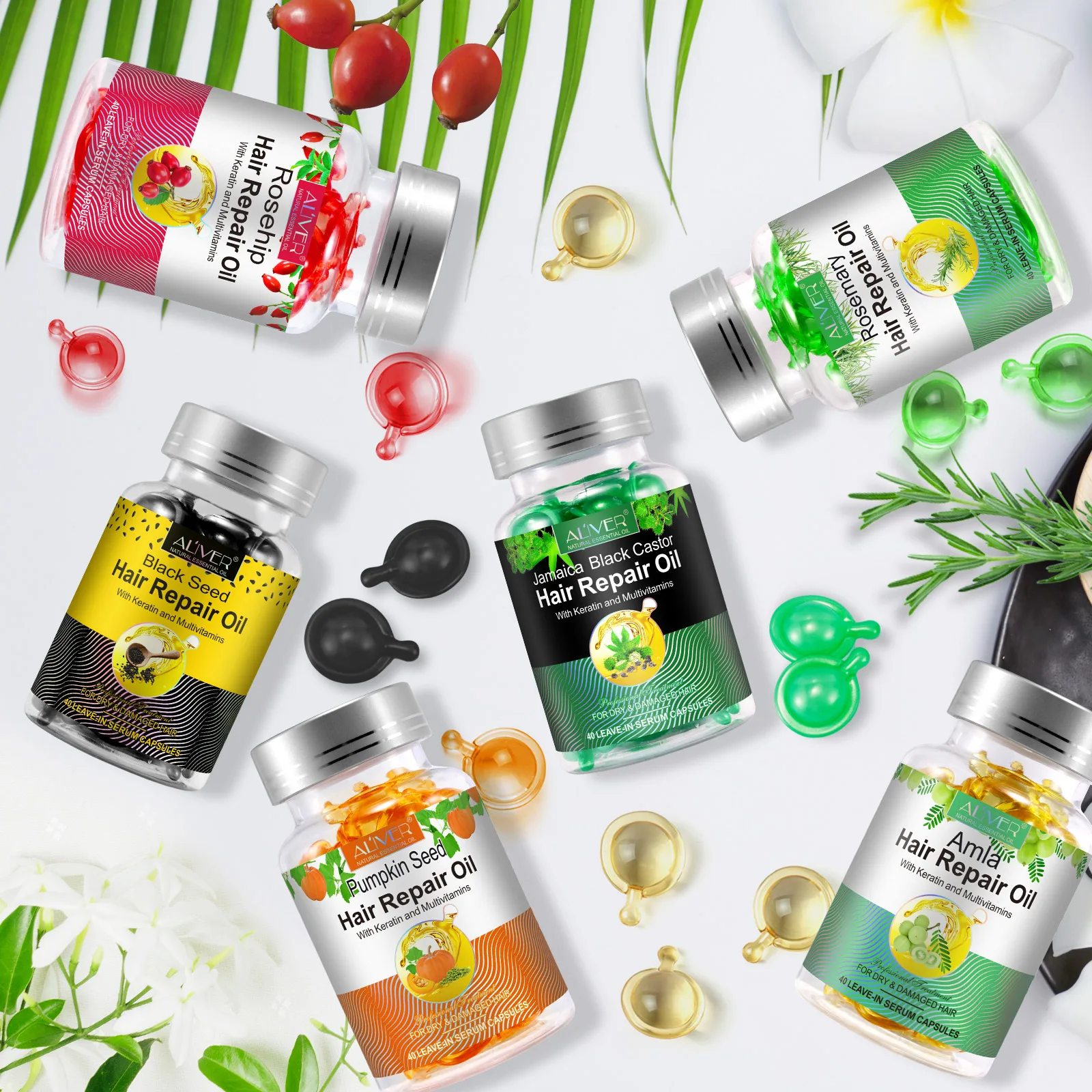 ALIVER Organic Black Seed Hair Repair Oil Leave-in Serum Capsules For Frizzy Dry Damaged Hair With Keratin Multivitamins