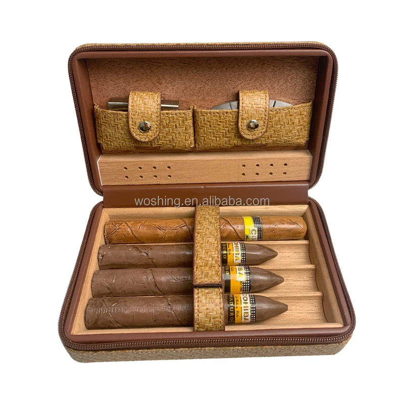 Woshing new design 4 CT Cigars Humidor carrying bag holder wood cigar cases/humidors PU Genuine Leather travel Wooden cigar case