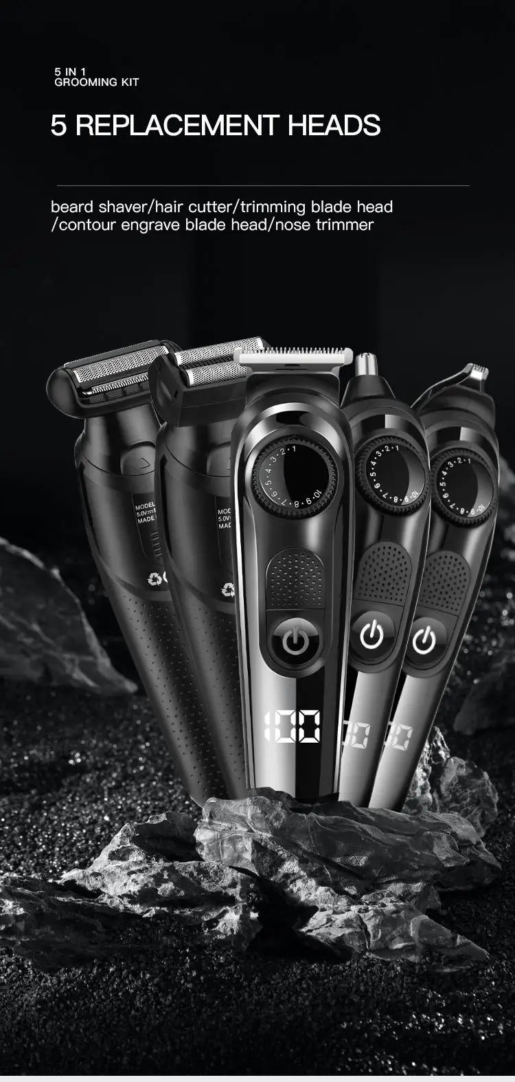 Lanumi SH-1832 5 in 1 Rechargeable cordless electric hair Shaver Nose Blade Cordless Electric Instant Fade Hair Clippers