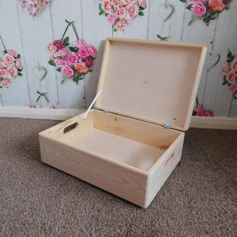 JUNJIl Large Wooden Board Storage Box with Handles Plain Toy Keepsake Wood Lid Included