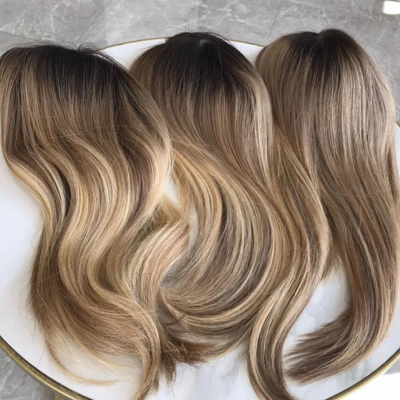 Top European Human Hair Topper Highlight Blonde Clip in Hair Pieces Jewish Kosher Topper 6x7 7x8 Silk Base Toupee for Woman