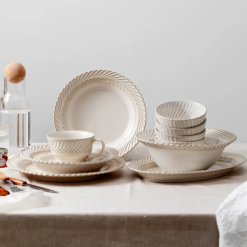 Nordic style wheat colored thread design porcelain ceramic dinnerware dinner set for restaurant