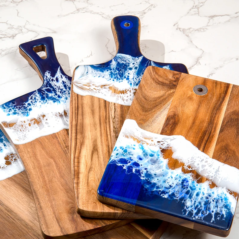 ANJUKE Chopping Board Ocean Wave Acacia Acacia Wood and Epoxy Resin Serving Cutting Board Kitchen for Serving Food
