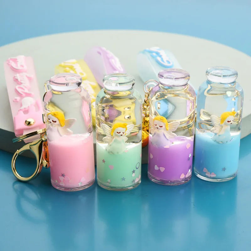 Ready To Ship Summer new product cute angel acrylic oil milk bottle keychain keyring