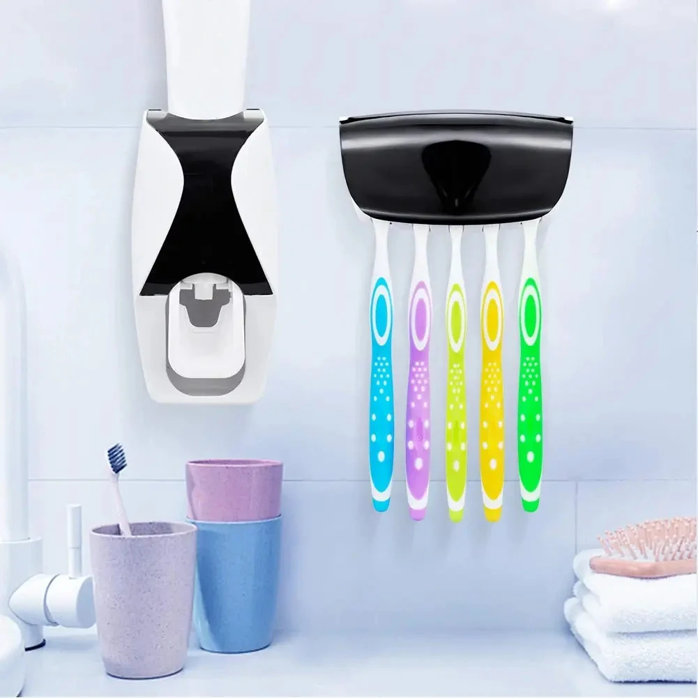 Automatic Toothpaste Dispenser Wall Mount Dust-proof Toothbrush Holder Wall Mount Storage Rack Bathroom Accessories Set