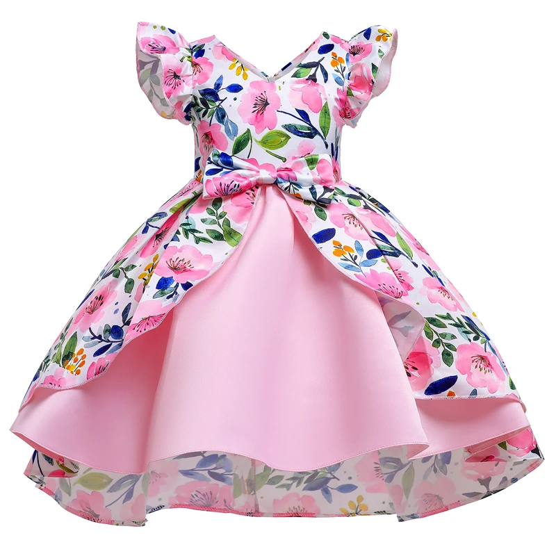 Latest Summer Children Floral Printed Formal Ball Gown Fly Sleeve Girl Princess Bow Clothes for Kids Girls Dresses
