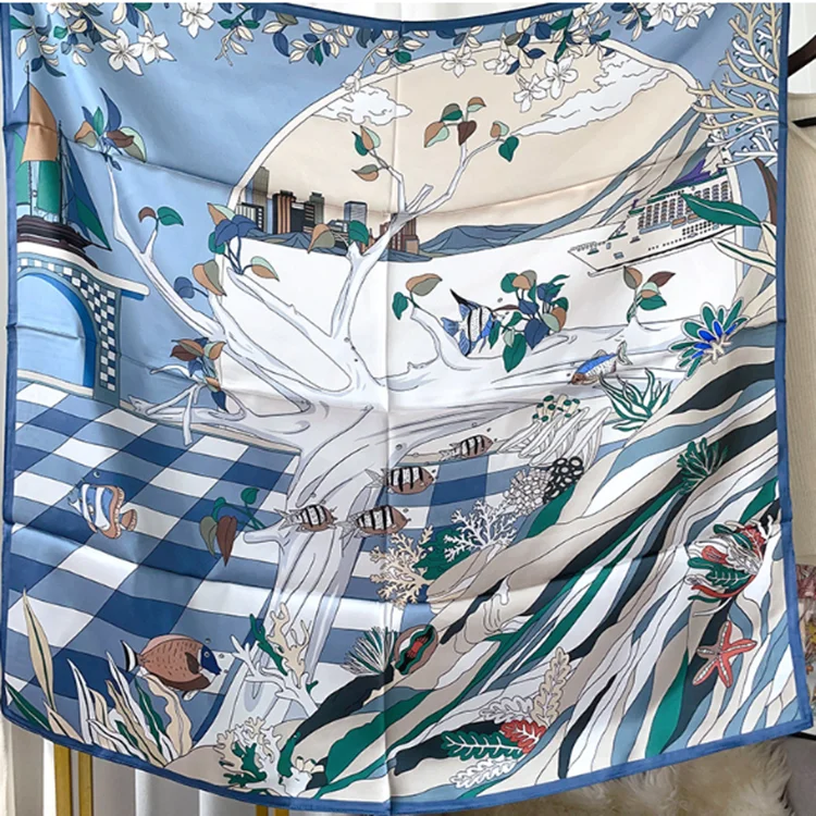 Designer 100% silk scarf custom print silk satin  square scarf for woman screen print silk scarves