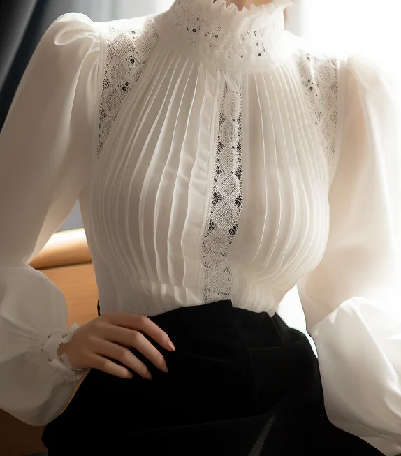 2024 Women Elegant Partywear Blouse White Color Stand Collar Long Sleeve Top Streetwear Slim Fit Blouse Officewear