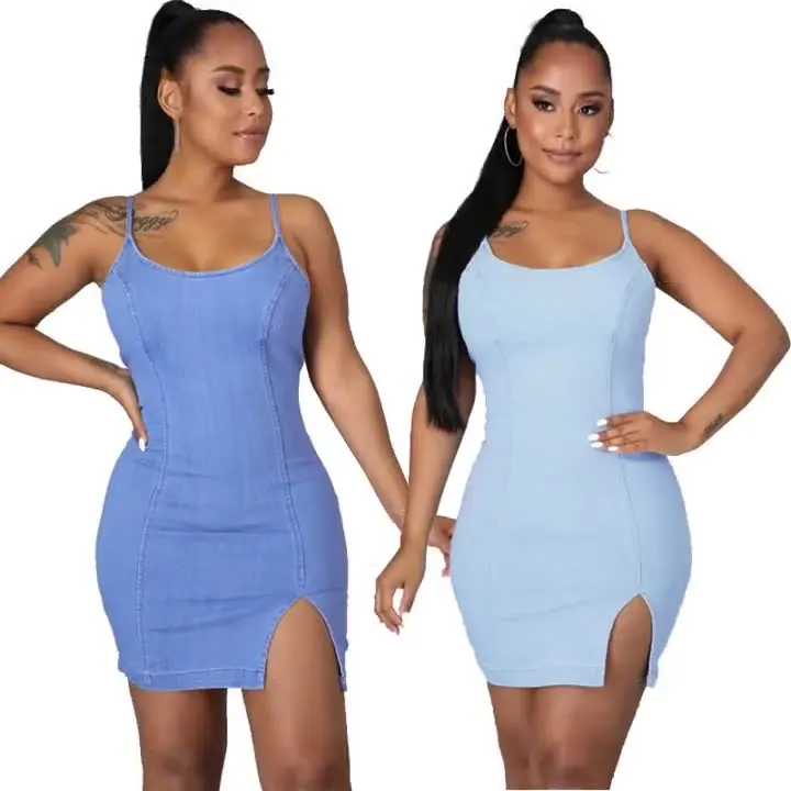 W4023 Solid Color Spaghetti Straps Fitted Sleeveless Dresses Wholesale Trending Dresses Jean Dresses Denim Women