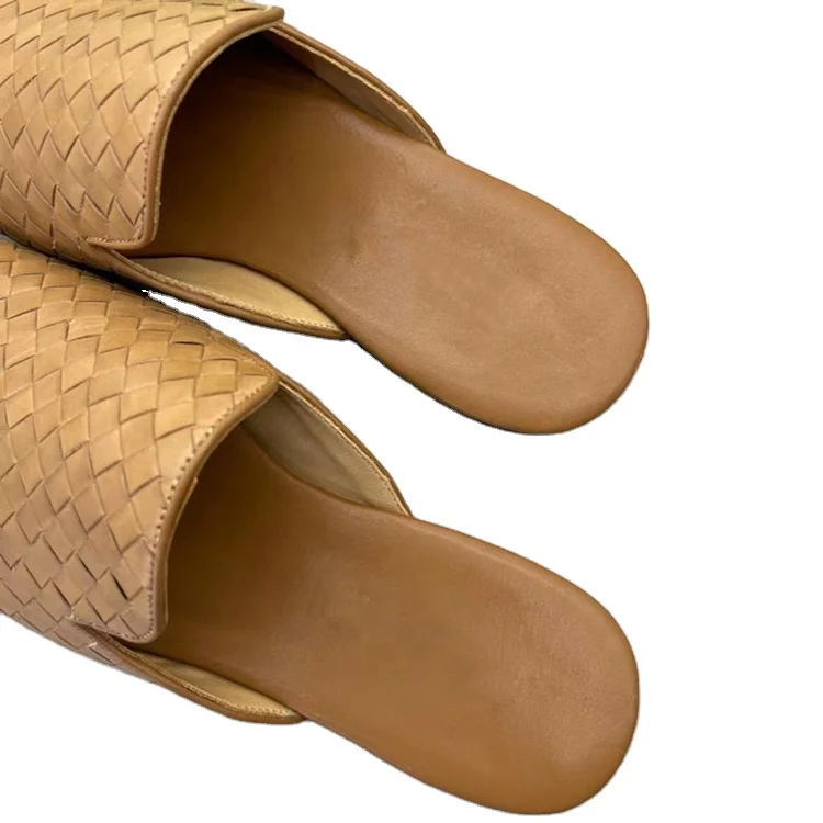 Handmade Mens Flat Leather Woven Chittai Mat Mules Shoes Weave Round Roe Fashion Slippers for Men Moccasin Shoes