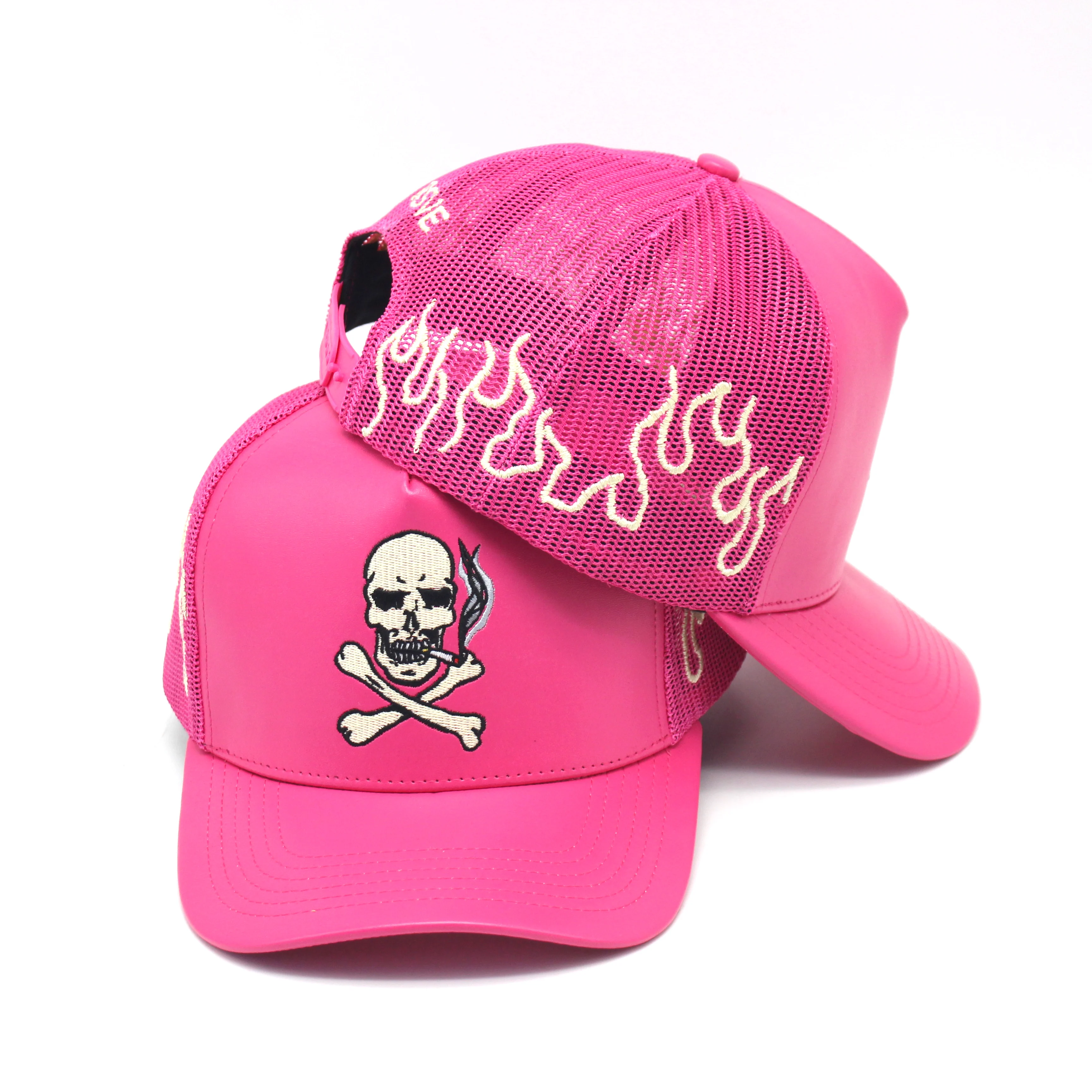 Custom Logo 5 Panel Pink leather mesh trucker hat caps wholesale