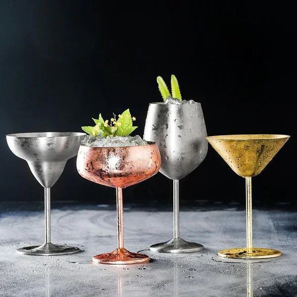 Martini Cocktail Glasses and Gold Stainless Steel Wine Glass or Steel Stemless Martini Glass for Red Win