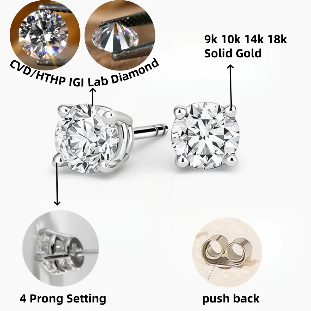 Igi Gia Certified HPHT CVD Lab Grown Made Created Diamond 14k 18k Solid Gold 4 Prong Earrings Stud Lab Grown Studs 1 2 3 Carat