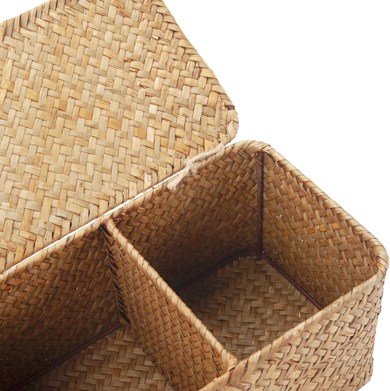 Seagrass Storage Basket with Lid Rectangular Small Woven Shelf Baskets with Sections for Organize Snack Toys