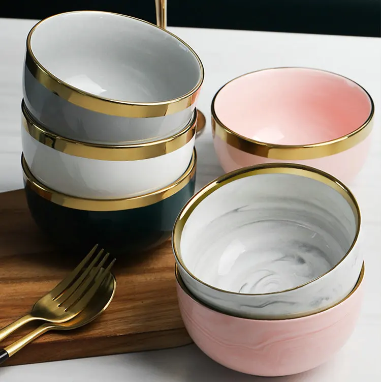 Bulk round restaurant serving white porcelain cereal soup rice bowl with gold line