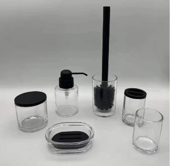 Hot Sale Embossed Black Glass Bathroom Set 4 pcs Glass Bath Sets Soap Dispenser Toothbrush Holder Bathroom Accessories Set