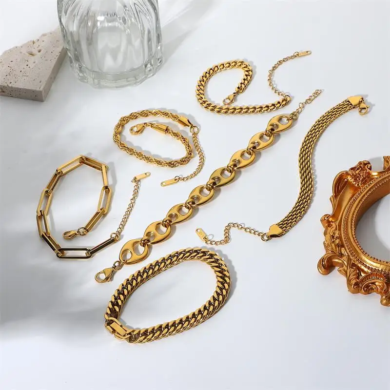 Wholesale Miami Cuban Chain Bracelet Bangle Flat Snake Stacking 18K Gold Plated Stainless Steel Link Bracelet For Women Jewelry