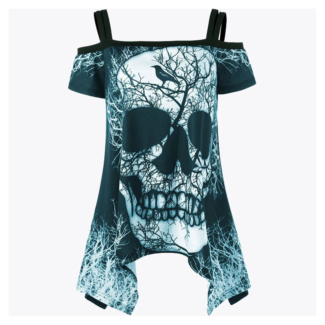 
С открытыми плечами для женщин футболки на бретельках в форме черепа из M-2xl женские рубашки стильное джинсовое платье с коротким рукавом в стиле кэжуал женские дикой боковой шнуровкой блуза свободного кроя в виде черепов 