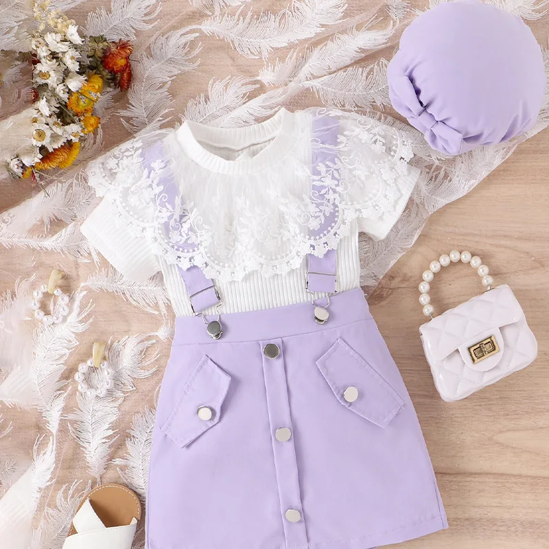 Summer Casual Children Clothes Girls Outfit Set Lace Short Sleeve T Shirt Suspender Skirt Hat 3Pcs Kids Fashion Clothing
